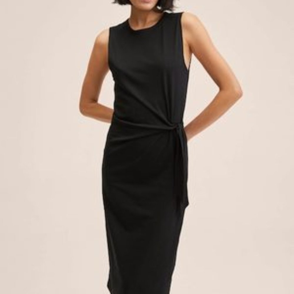 MANGO Black Cotton Solid Midi Sheath Dress With Tie-Up Detail